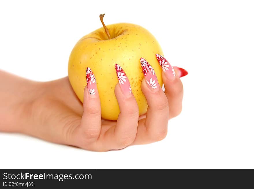 Hand, holding an apple on white