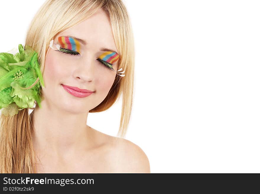 Portrait of a beautiful blonde woman with colorful make-up on white background. Portrait of a beautiful blonde woman with colorful make-up on white background