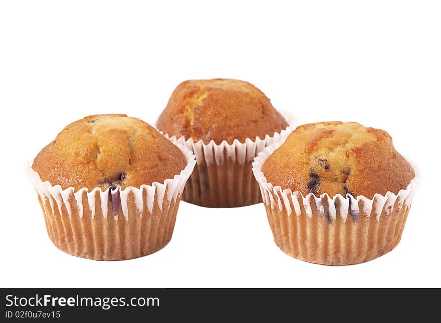 Freshly baked blueberry muffins isolated on white background. Freshly baked blueberry muffins isolated on white background