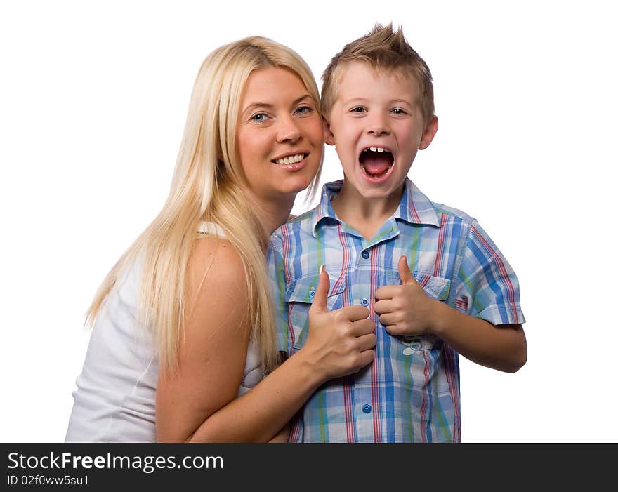 Smiling beautiful young woman with blond hair and a little boy in a blue shirt shows that they were all well. Smiling beautiful young woman with blond hair and a little boy in a blue shirt shows that they were all well