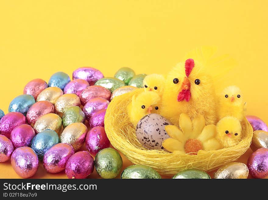 Easter eggs and  over yellow