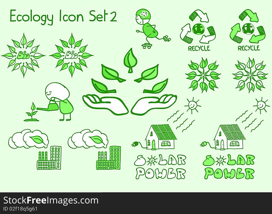 A cute handdrawn ecology icon set in a doodle style. A cute handdrawn ecology icon set in a doodle style