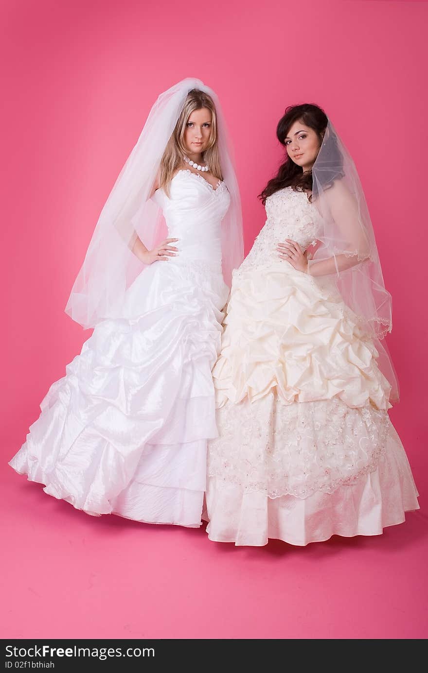 Two happy bride on a pink background