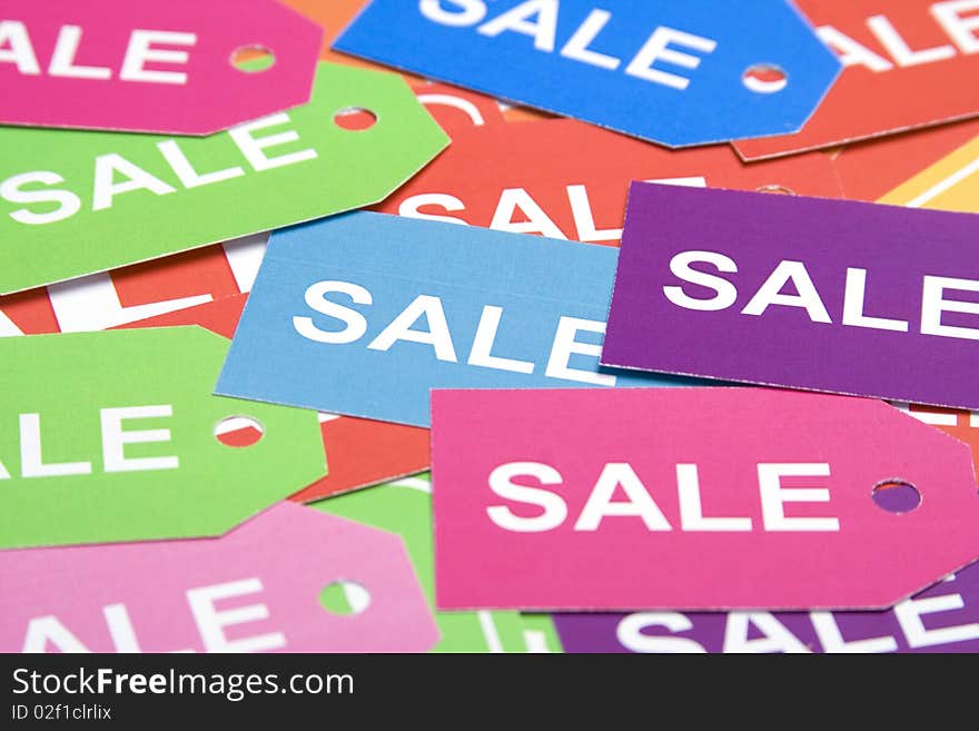 Sales, lots of colorful labels lying on the surface