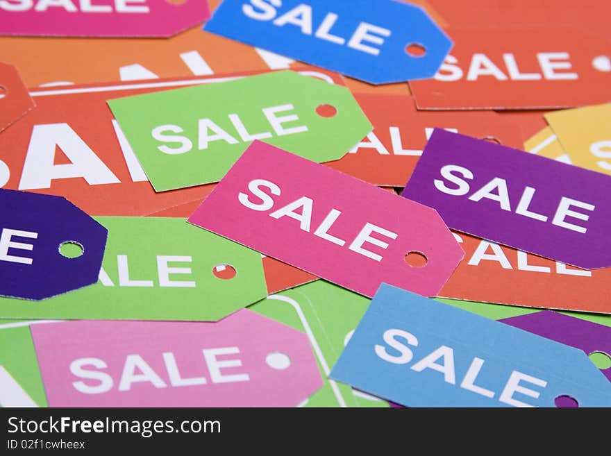 Sales, lots of colorful labels lying on the surface