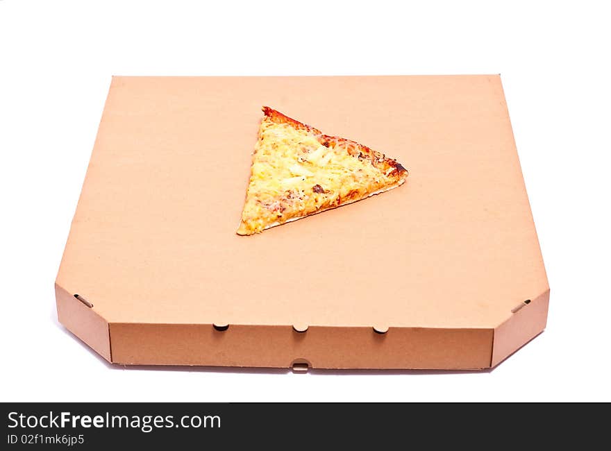 Piece of pizza on box isolated on white. Focus on pizza