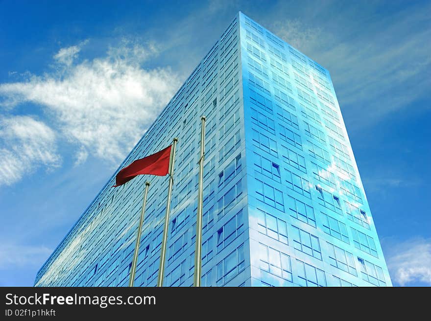 Modern building and red flag