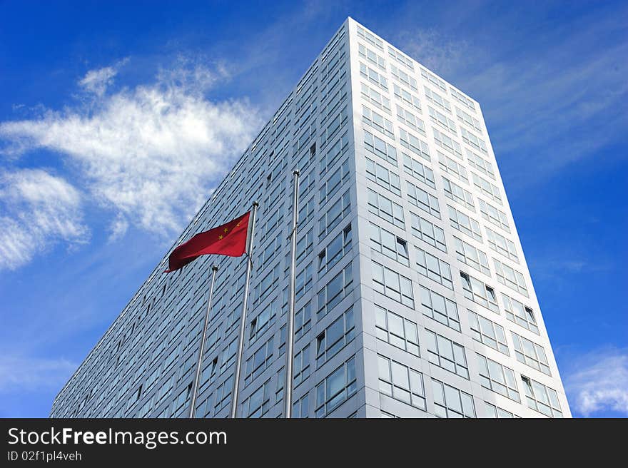 Modern building and red flag