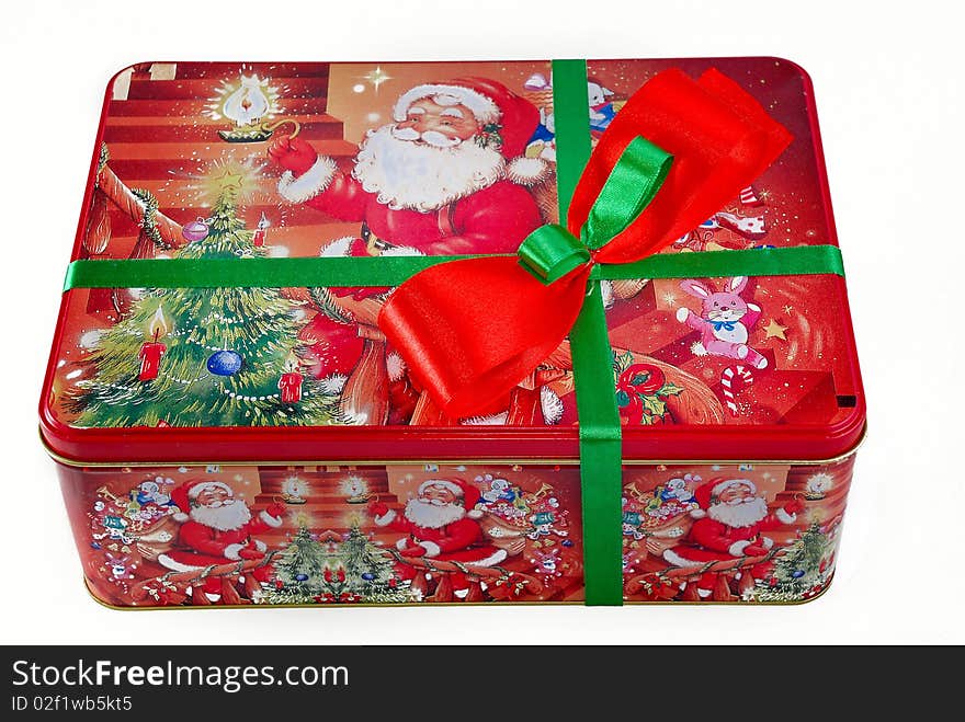 Red gift box with green and red ribbon - as New year and Christmas present. Red gift box with green and red ribbon - as New year and Christmas present