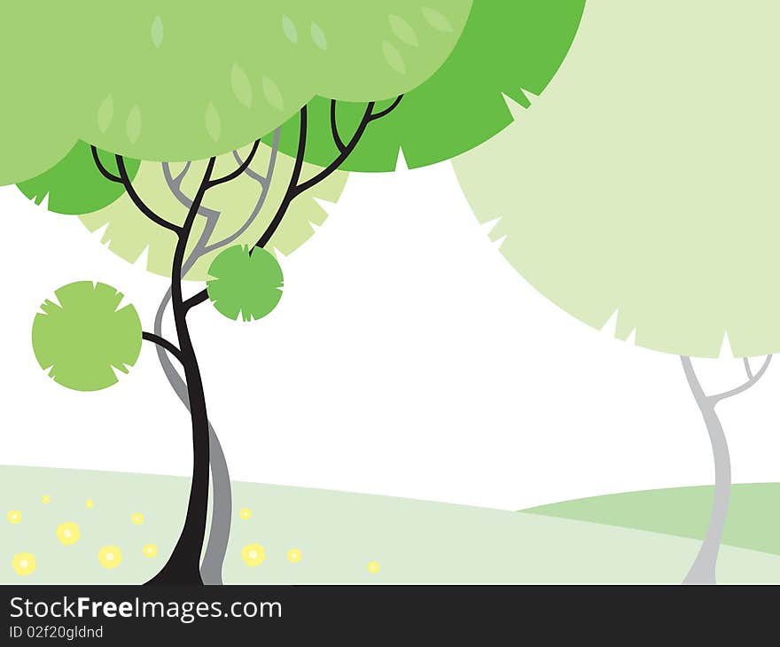 A simple illustration of a landscape with trees and flowers. A simple illustration of a landscape with trees and flowers