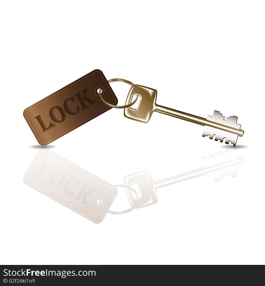 Illustration, metallic key with leather key ring