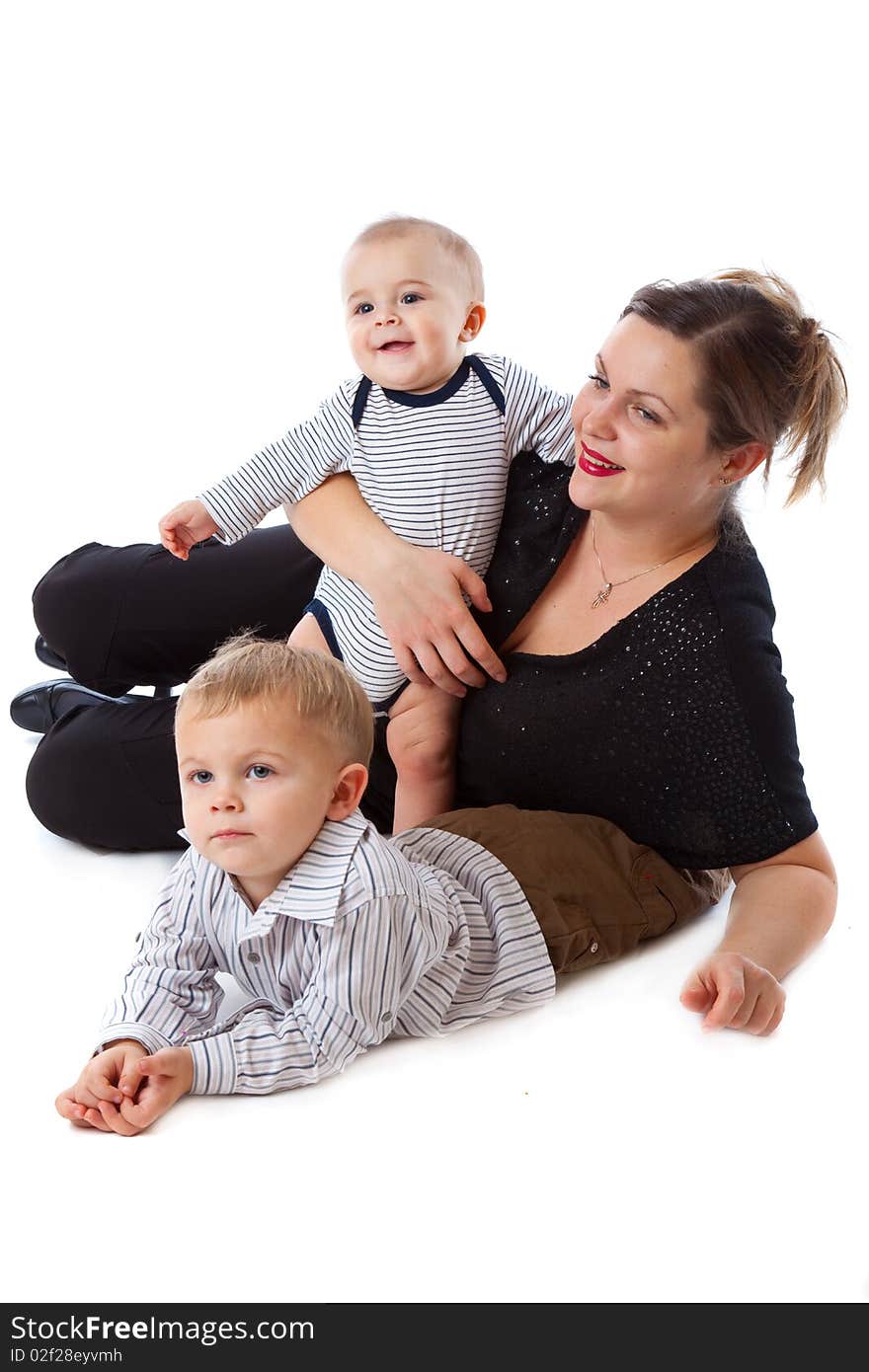 Mother and two boys. Isolated on white background