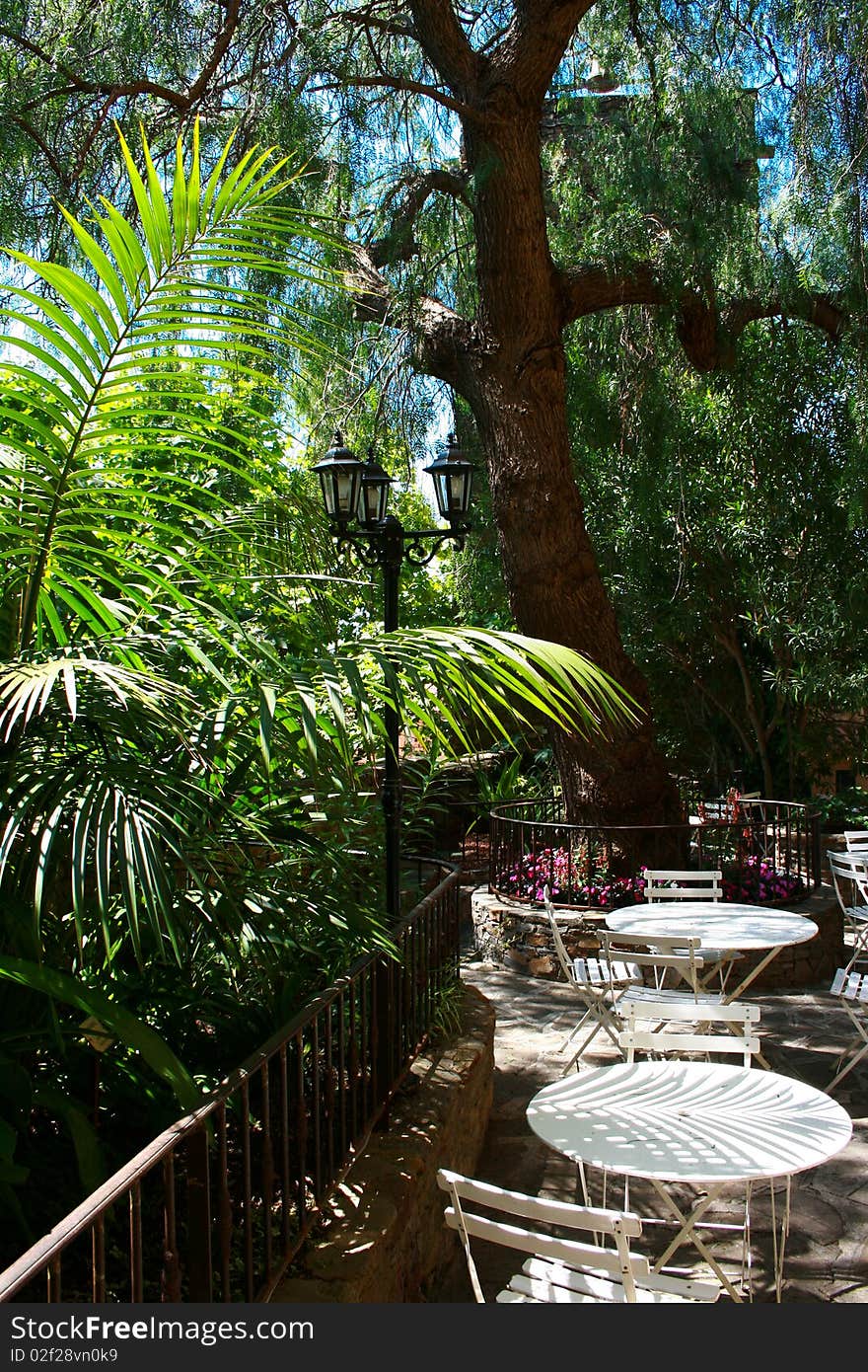 Exotic Garden in France, with tables and chairs. Exotic Garden in France, with tables and chairs