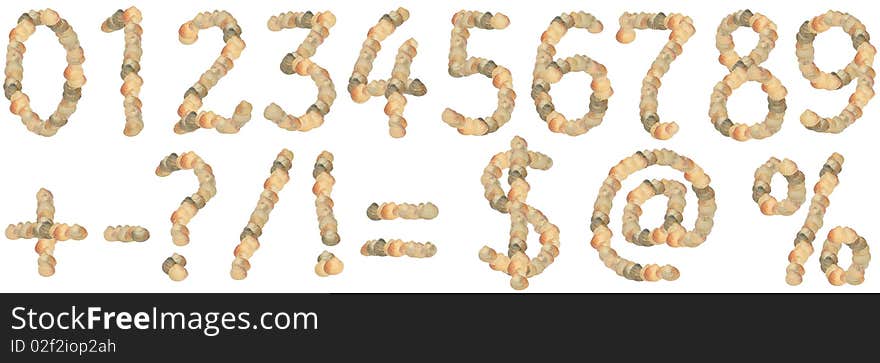 Handwritten with shells numbers and signs isolated. Handwritten with shells numbers and signs isolated