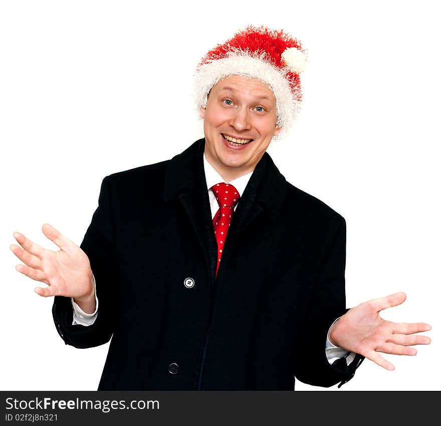 Man In Suit And Red Tie In Hat Santa