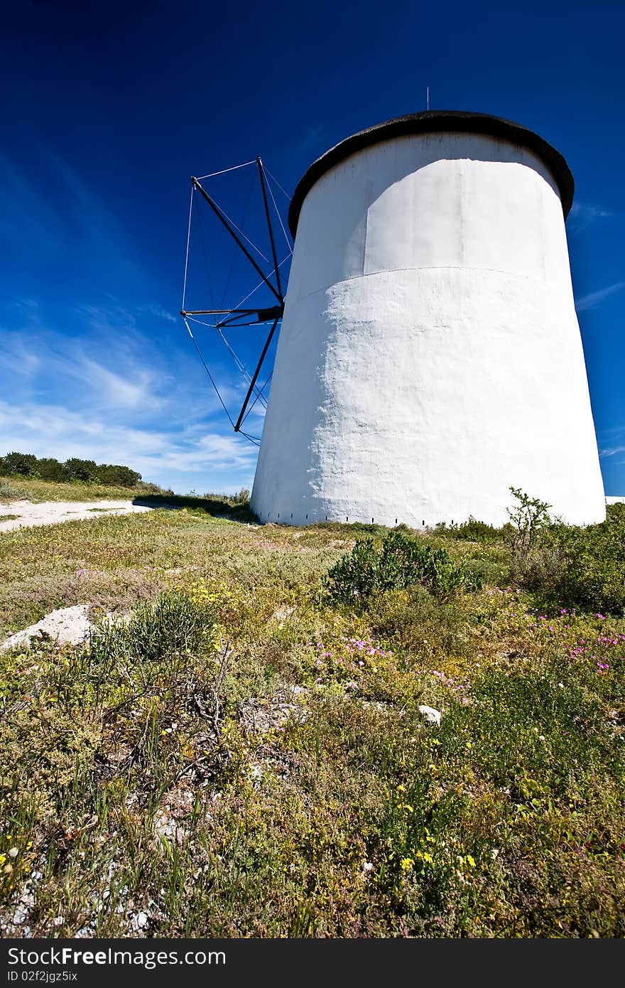 A windmill on a sunny day with beautiful blue skies in the background and green grass and bushes in the foregrond. A windmill on a sunny day with beautiful blue skies in the background and green grass and bushes in the foregrond.