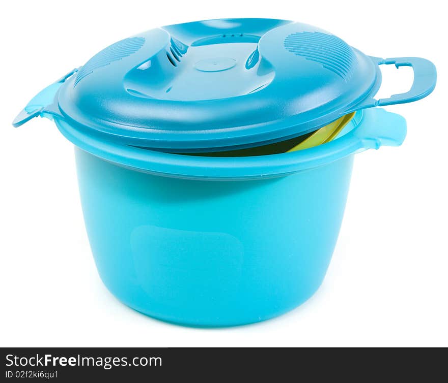 Blue plastic saucepan