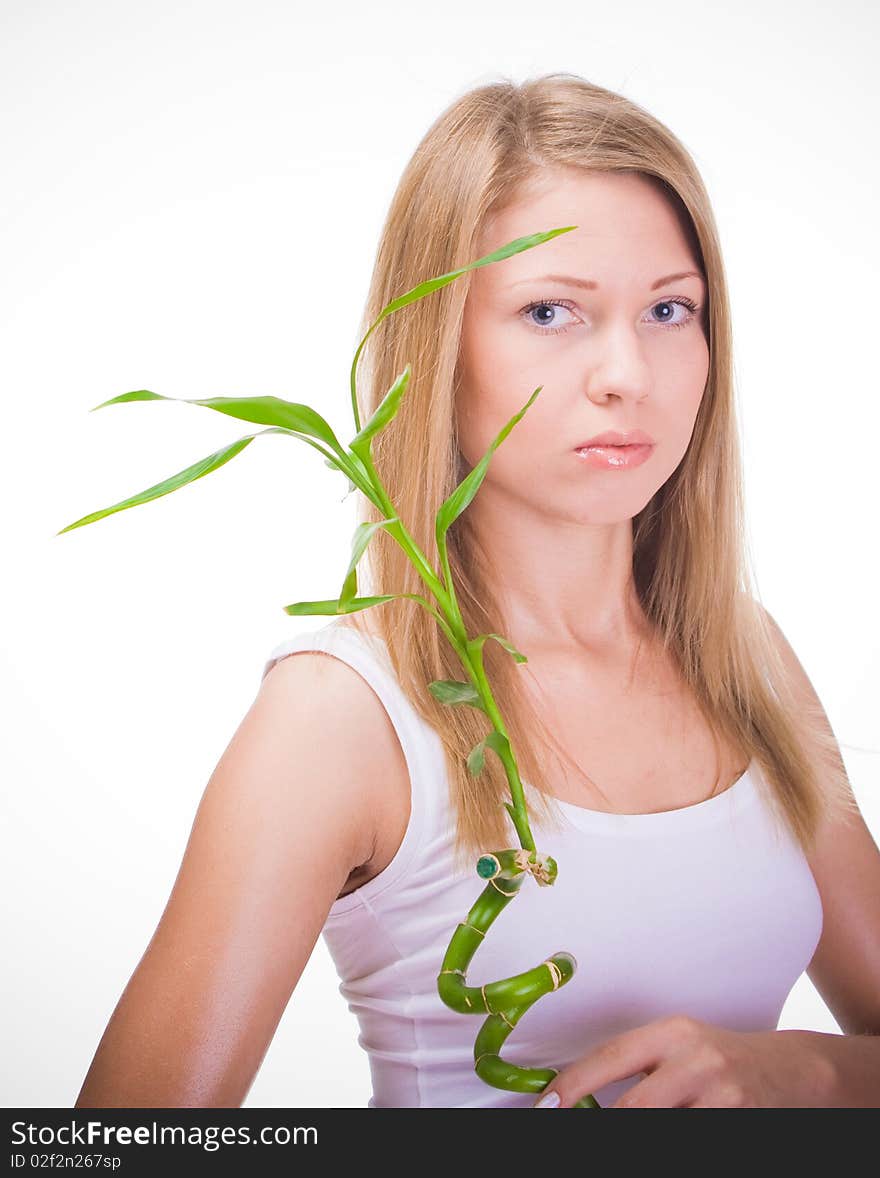 Girl wiht plant on a white background