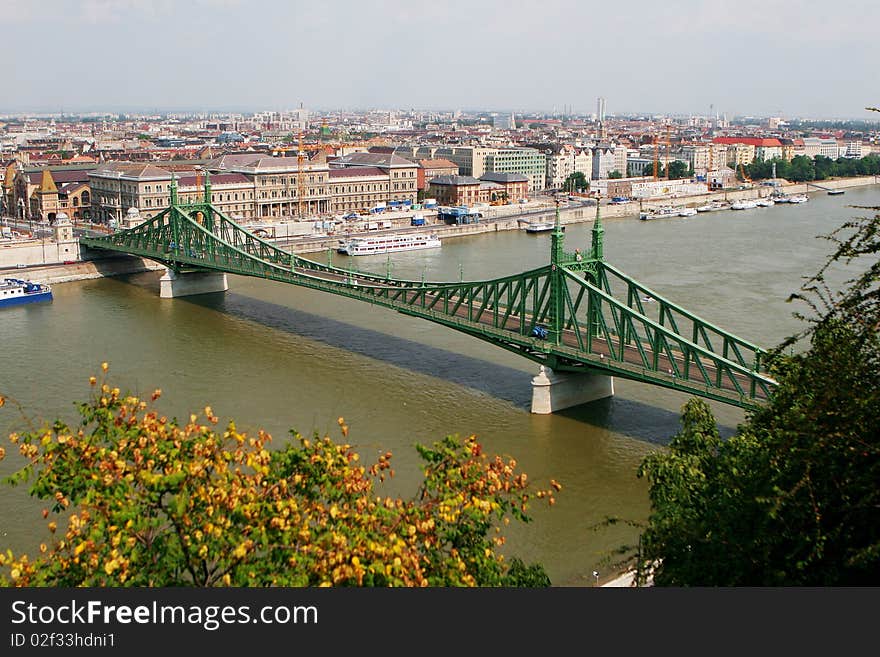 Aerial view of Budapest, bridge over Danube