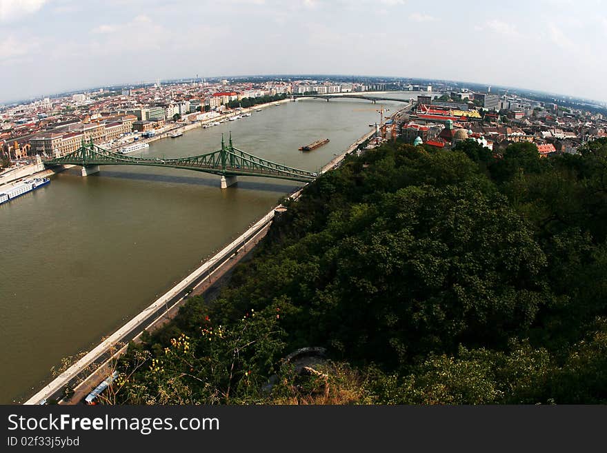 Aerial view of Budapest, bridge over Danube