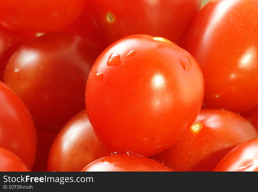 The close-up of red small tomatos