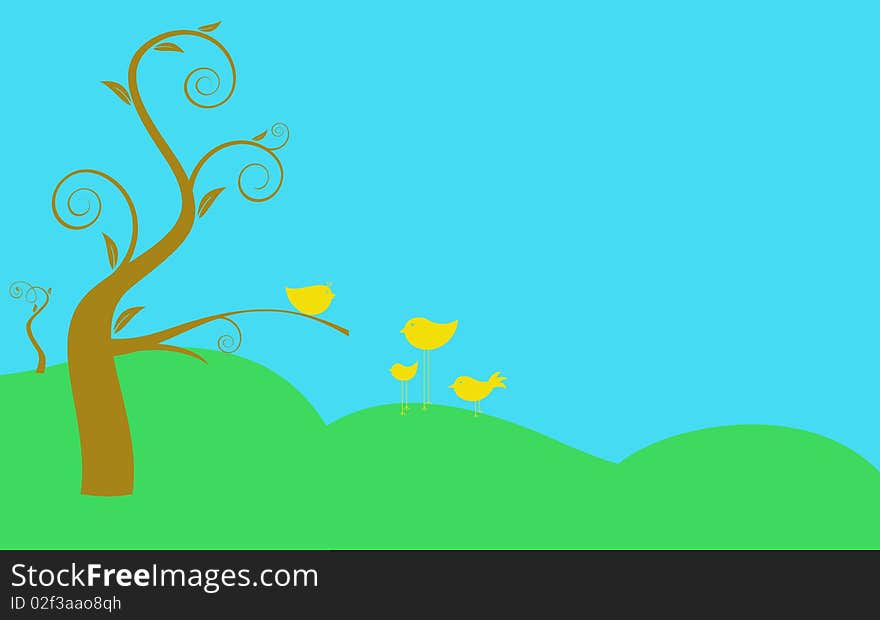 Illustration of birds,trees with springtime scenery