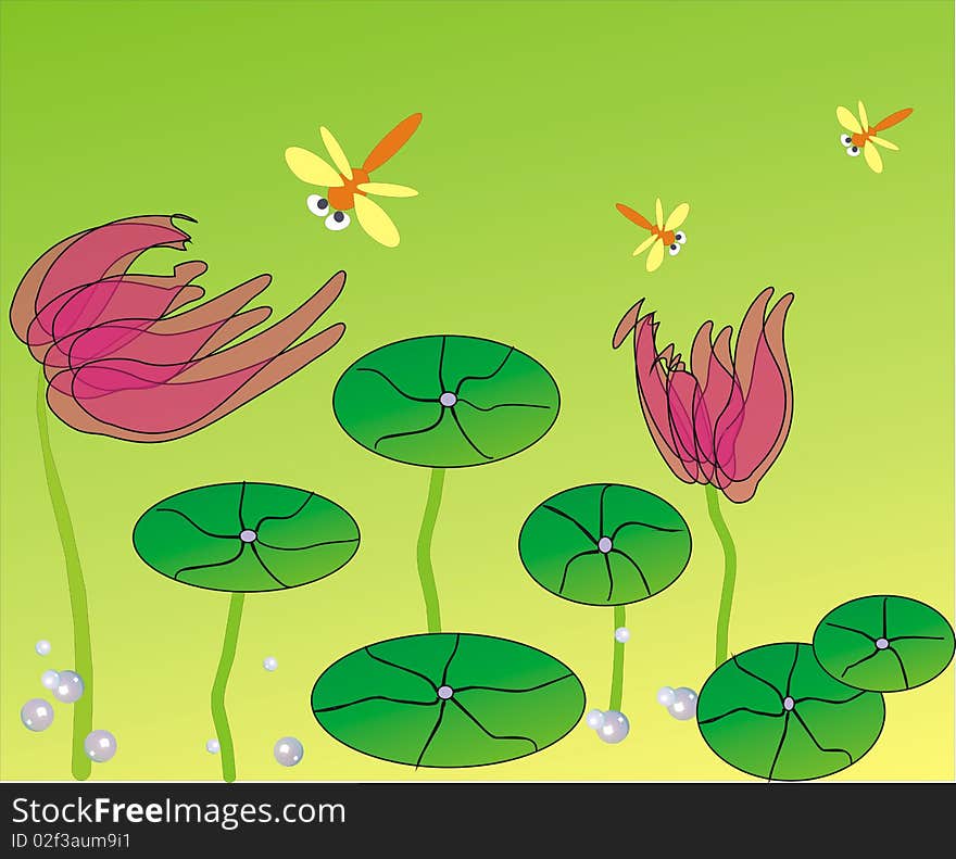 Water lily with dragonfly background illustration