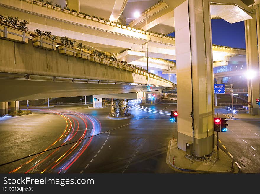 Megacity Highway at night with light trails in shanghai china.