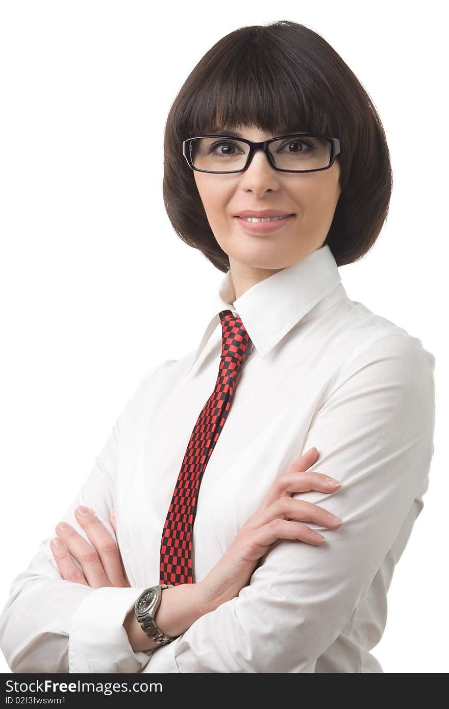 Portrait of smiling business woman in glasses, white shirt, on white background. Portrait of smiling business woman in glasses, white shirt, on white background.