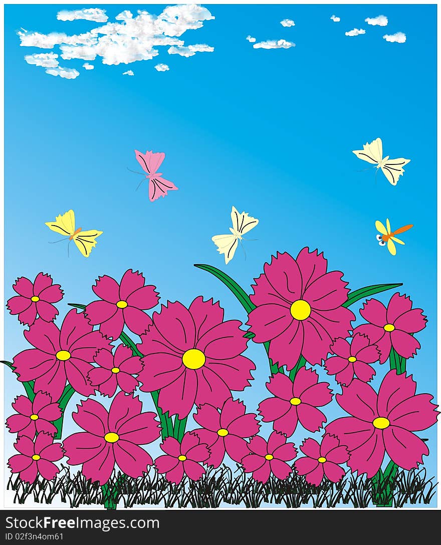 Pink flowers with butterfly background illustration