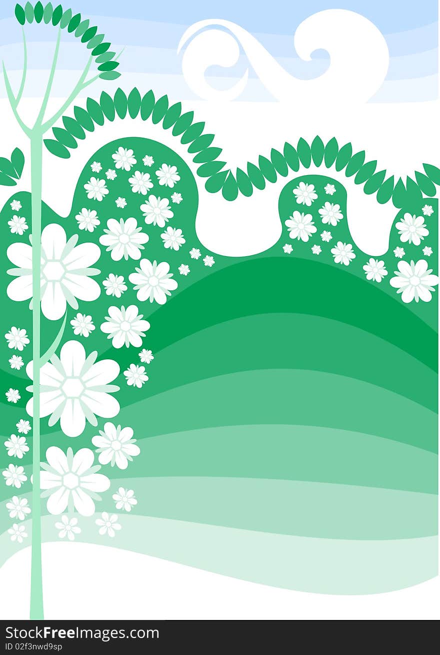 It is a  background green with decorative elements that symbolize spring. It is a  background green with decorative elements that symbolize spring