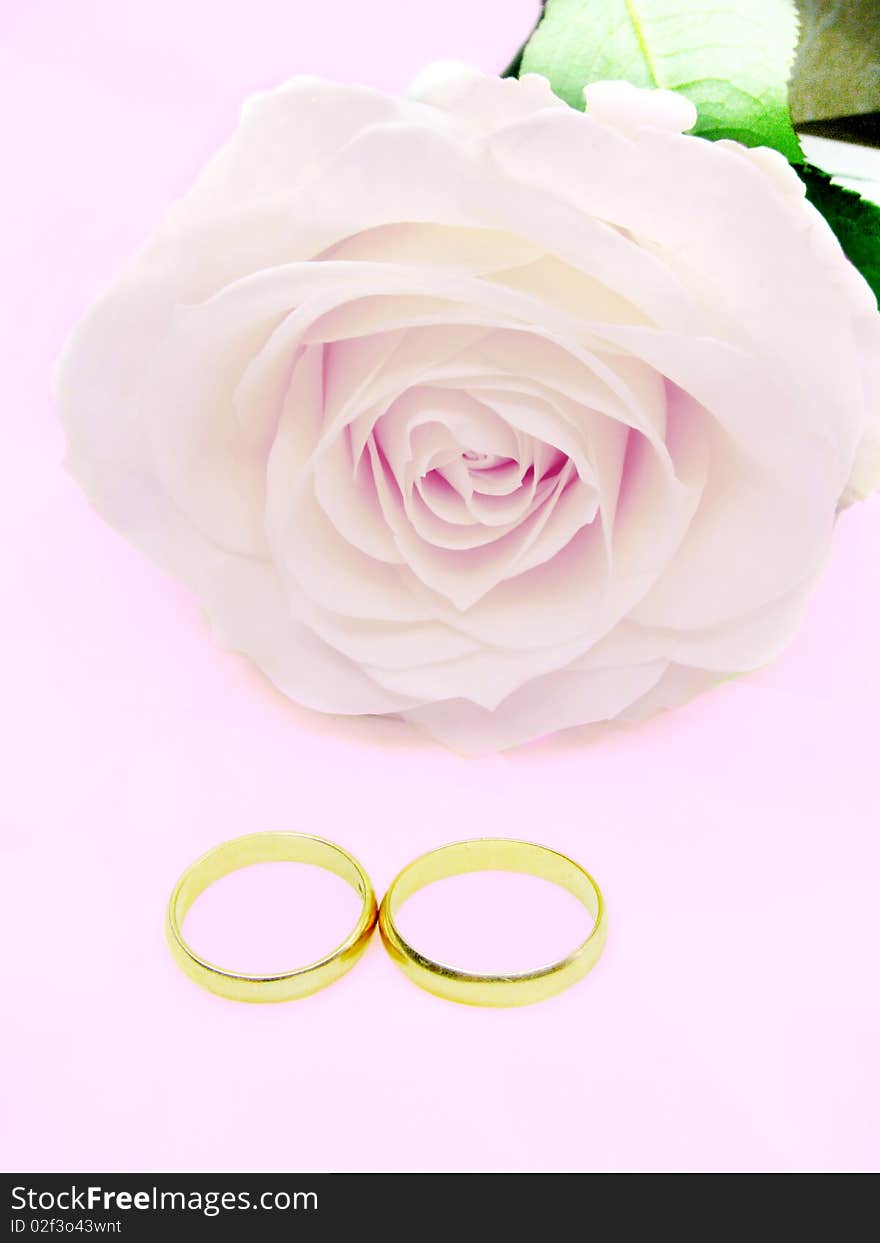 Pink rose and wedding rings on silk violet background