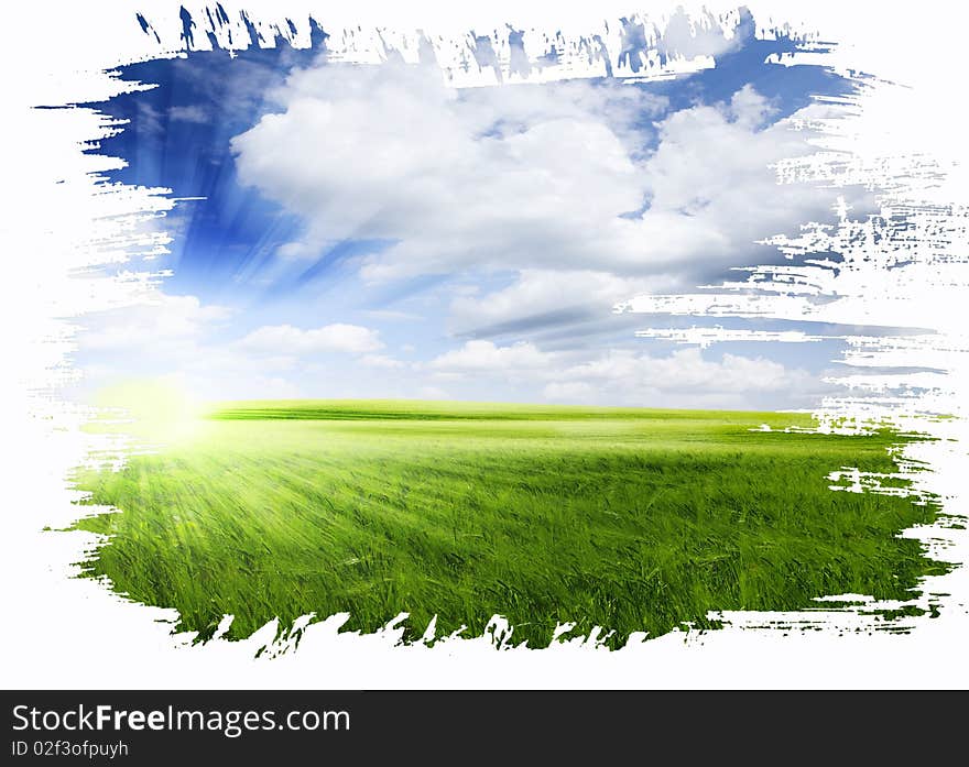 Green meadow under blue sky with clouds. Green meadow under blue sky with clouds