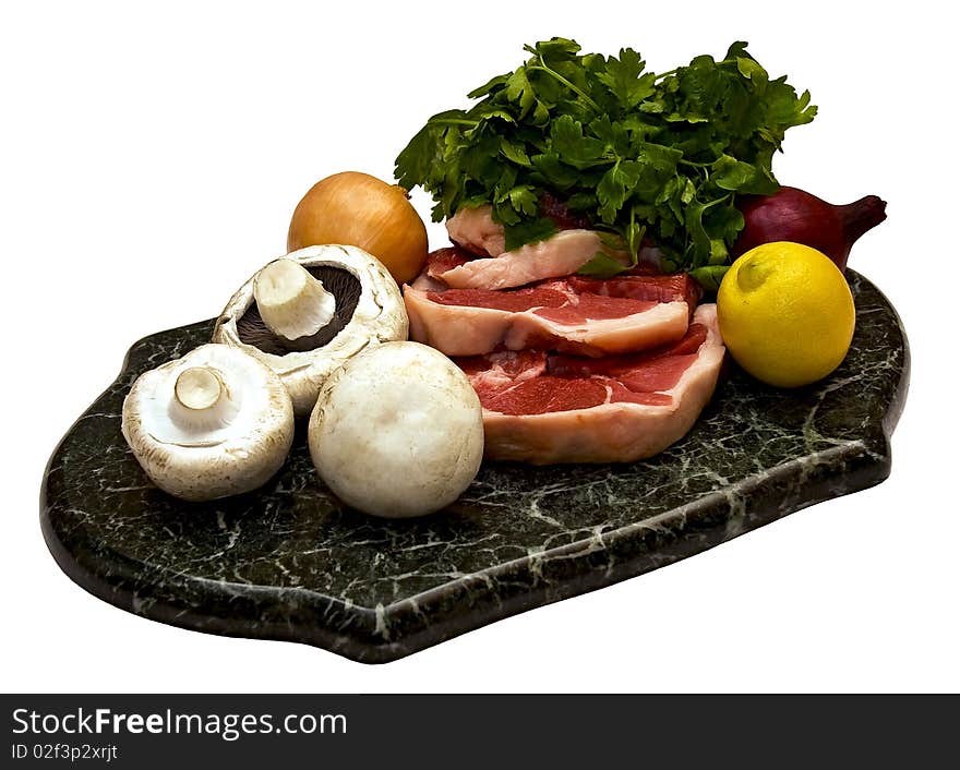 Preparation for cooking of meat with mushrooms, lemon and onion. Preparation for cooking of meat with mushrooms, lemon and onion