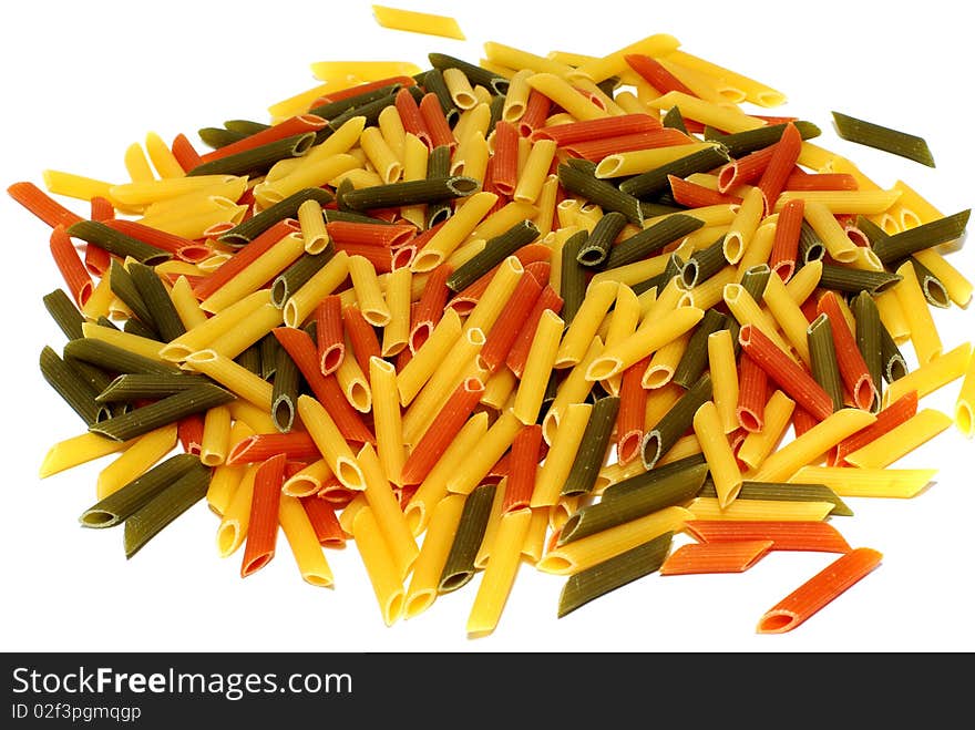 Three colour penne italian pasta on white background