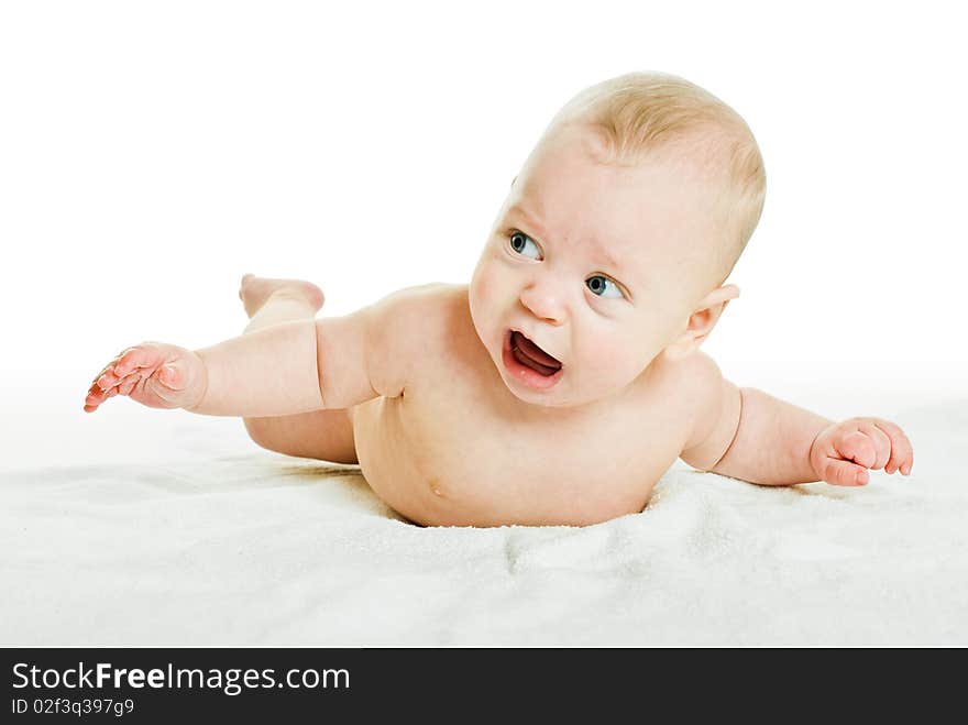 Playing baby is on abdomen and white background. Playing baby is on abdomen and white background