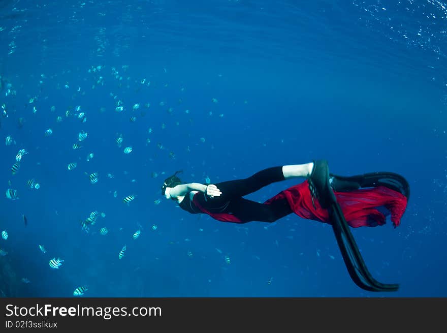 Young girl with a red cloth and striped fish under the water plays the fool. Young girl with a red cloth and striped fish under the water plays the fool