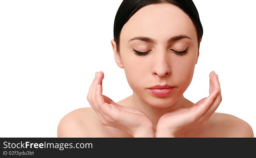 Beautiful young woman on white background