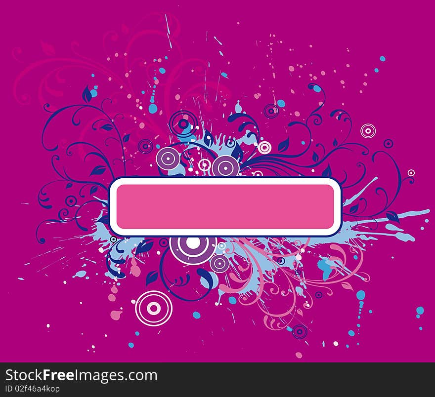 Grunge text banner on purple background with spots and leaves decoration