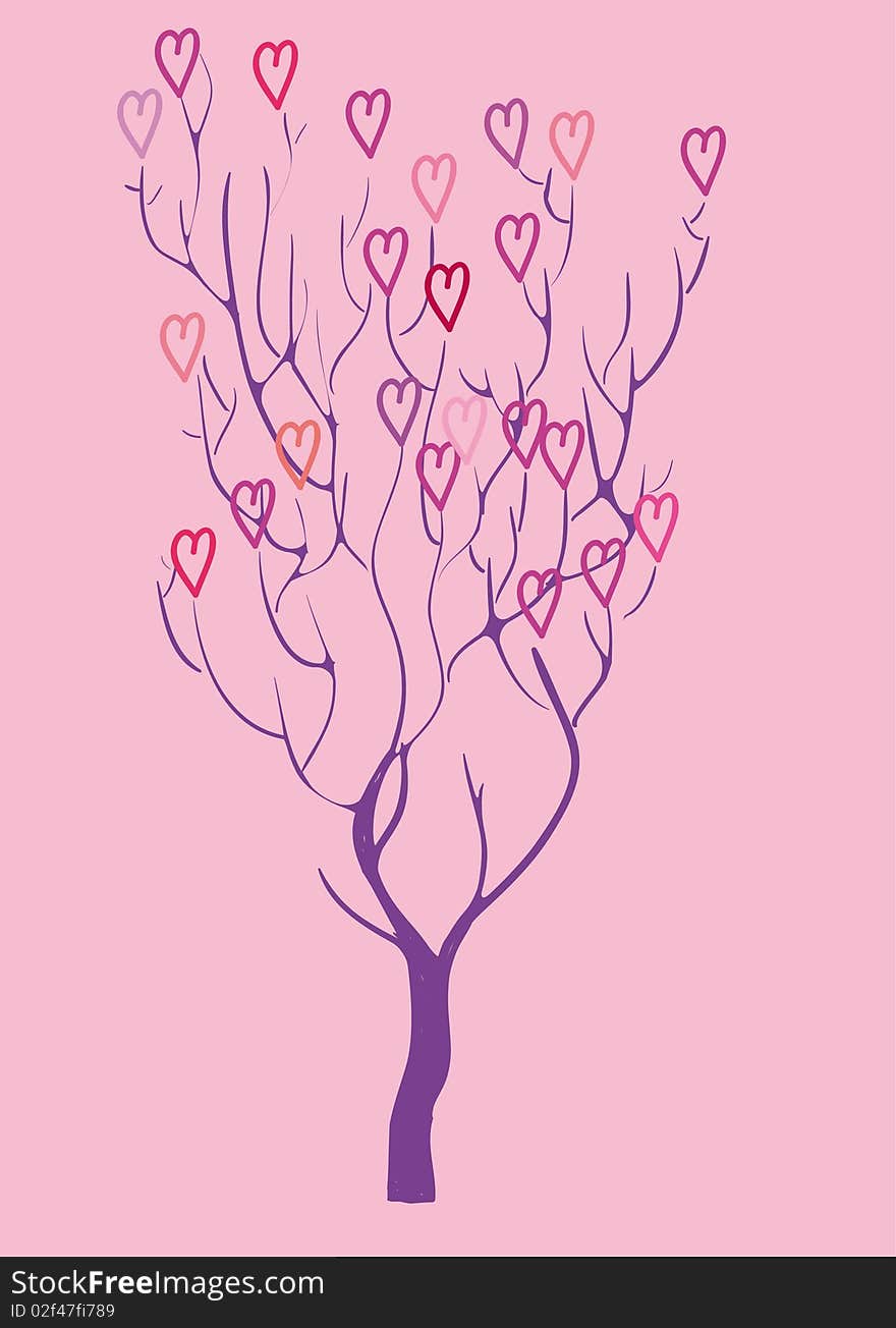 Tree with hearts instead of leaves, in pink. Tree with hearts instead of leaves, in pink