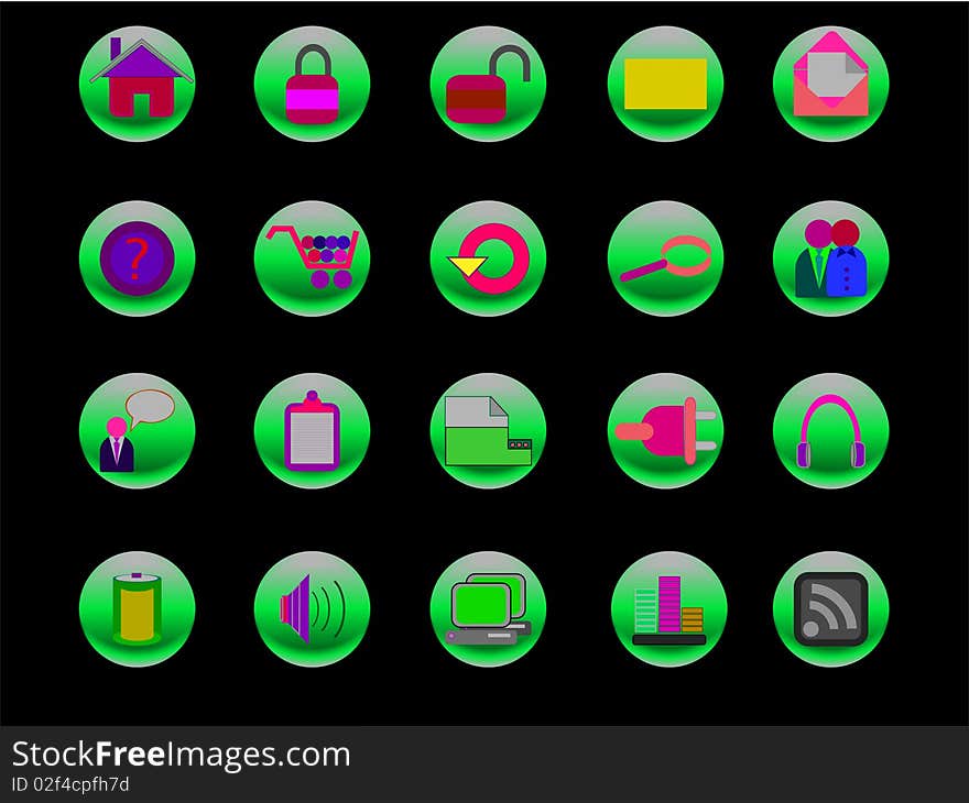 Colorful Web And Internet Icons On Green Buttons