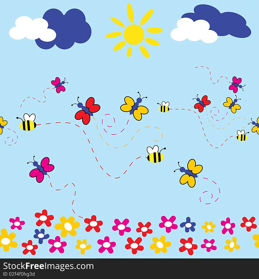 The Background seamless floral.The Flowerses, butterflies and bees.