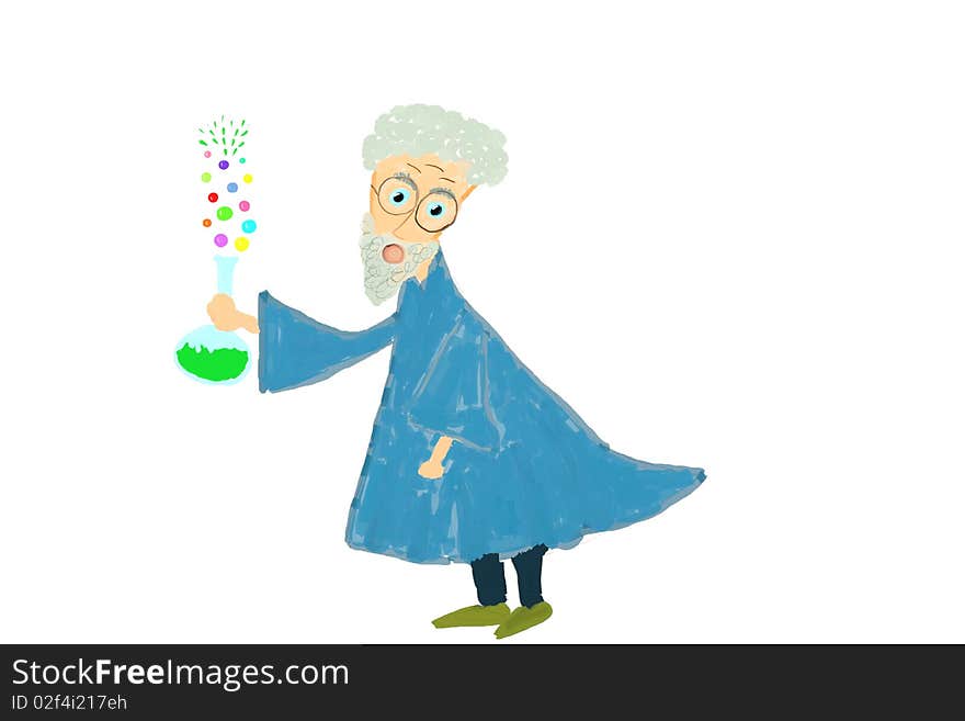 Crazy scientist or professor holding laboratory flask with chemical substance producing colorful bubbles. Funny illustration