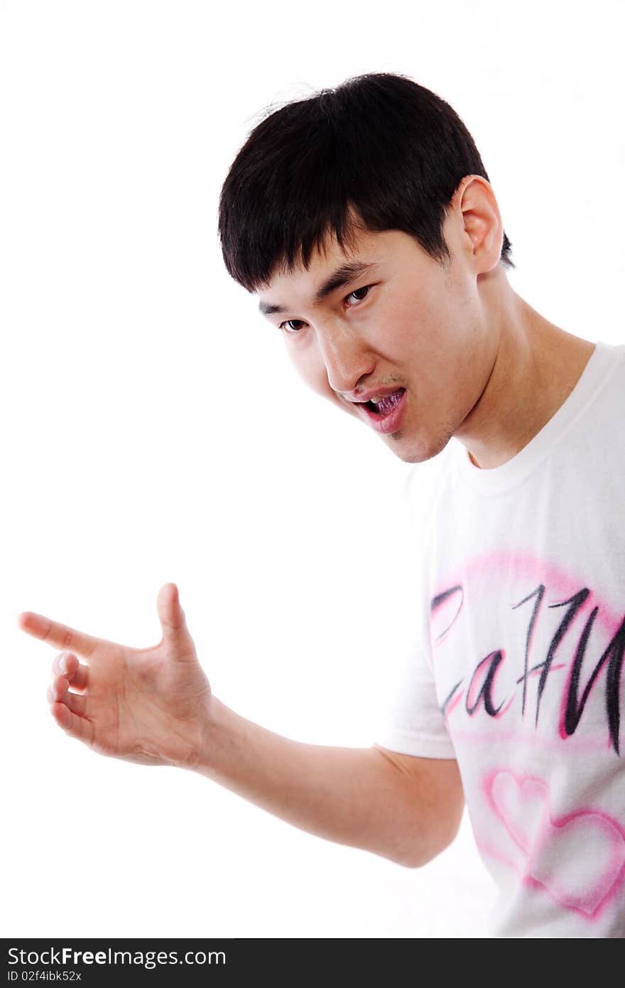 The Asian guy the dancer poses in a white vest on a white background