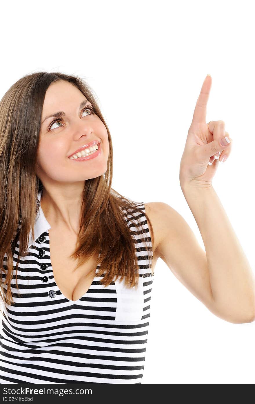 Happy young woman pointing at copy space, On a white background