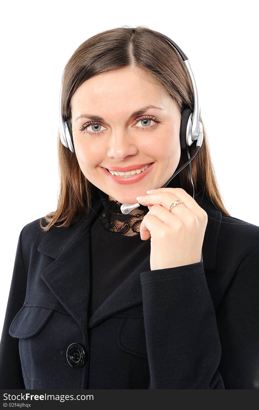 Female customer service representative in headset, separately on white. Female customer service representative in headset, separately on white