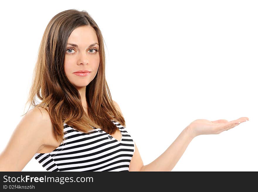 Young woman presenting copy-space on white background