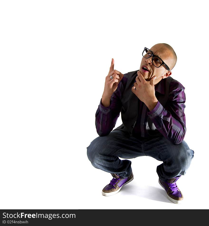 Young asian nerd styled model looking funny over white background. Young asian nerd styled model looking funny over white background.