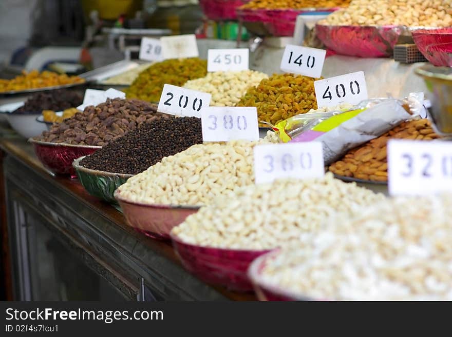 Indian spices and nuts at the market