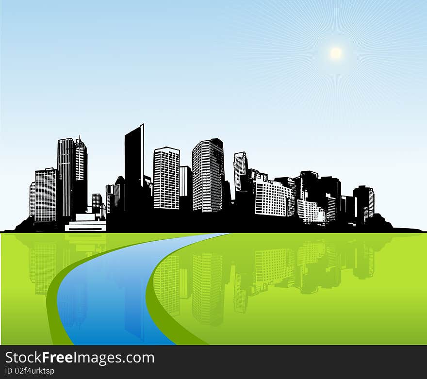 City with green reflection. Vector art